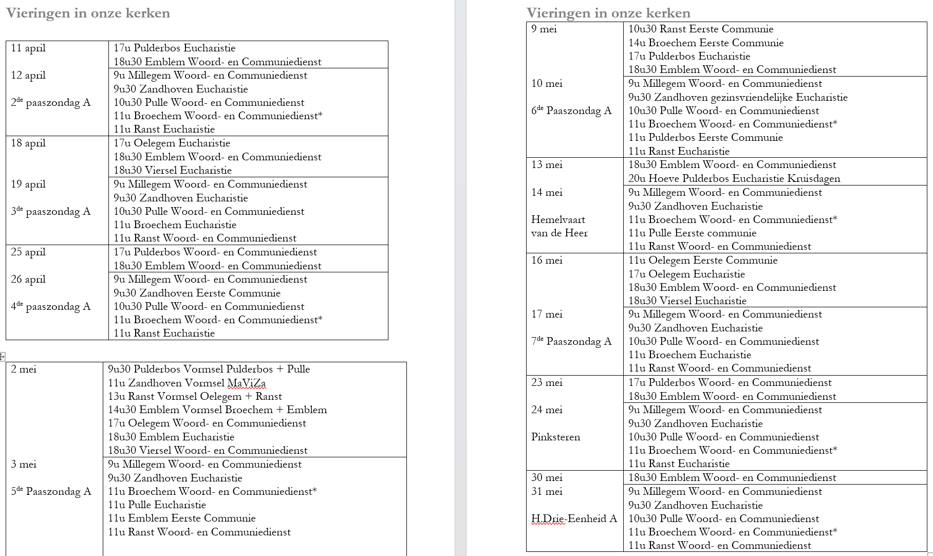 Vieringen in onze kerken:  april mei 2026