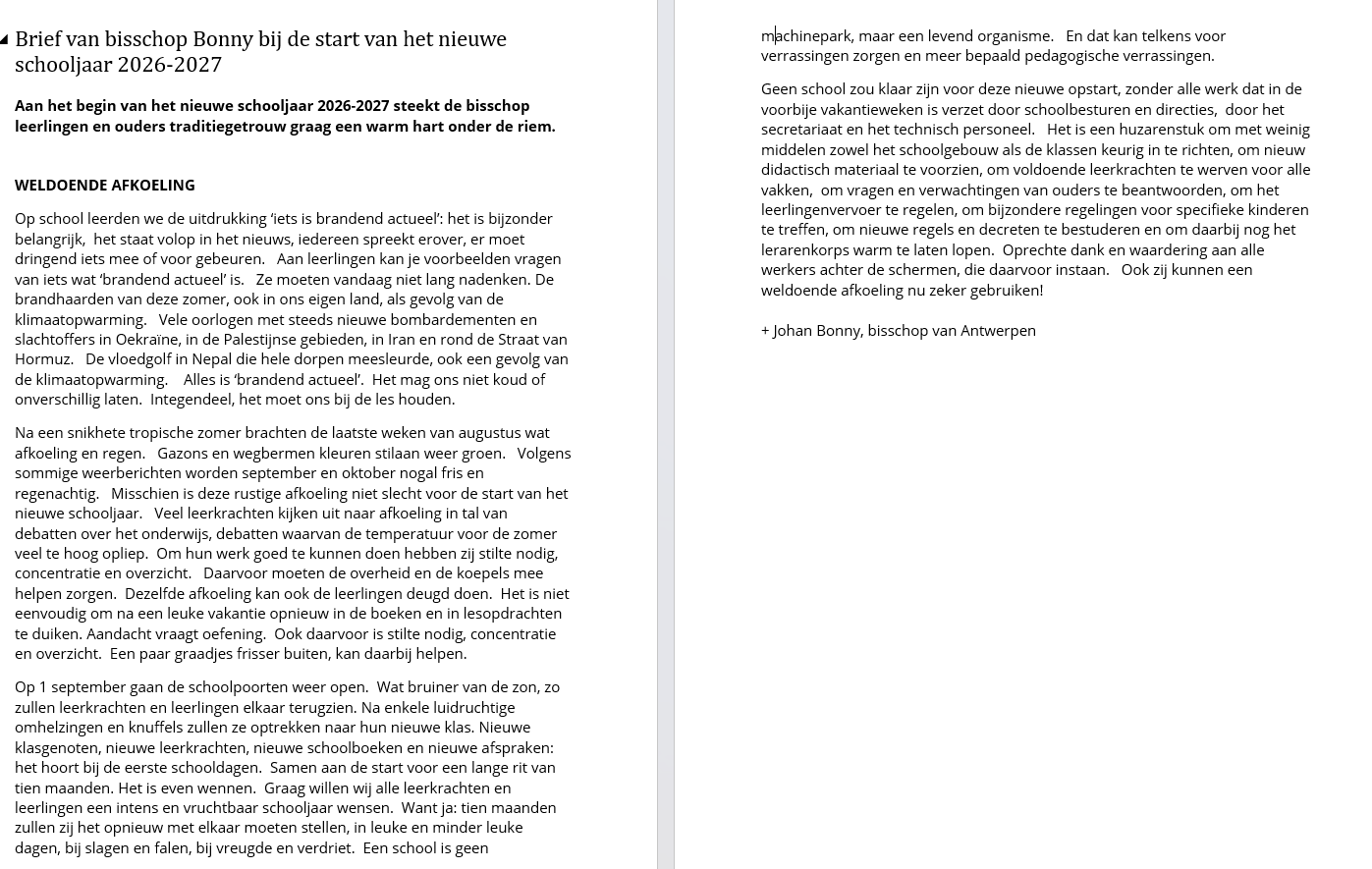 Brief begin schooljaar bisschop Johan Bonny